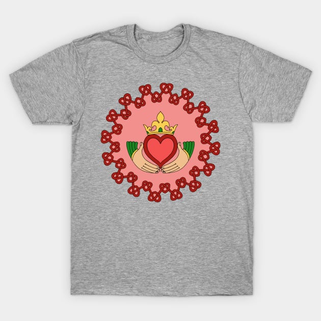 Claddagh and Red Knotwork on Pink T-Shirt by AzureLionProductions